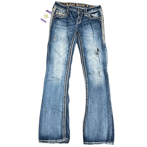 Rock Revival Denim - Rock Revival Lanlan Bootcut 27 Jeans Swarovski Leather Insert Faux Flap Pocket